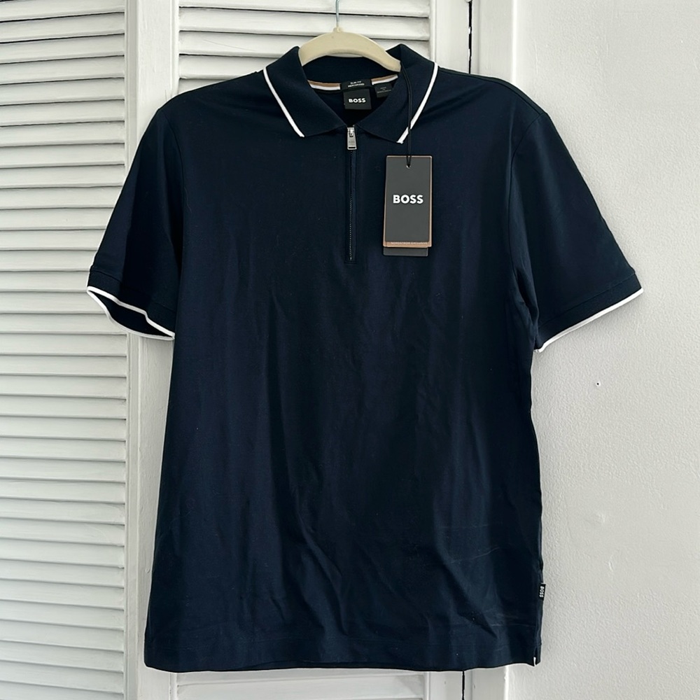 BOSS ZIP-NECK SLIM-FIT POLO SHIRT IN INTERLOCK COTTON